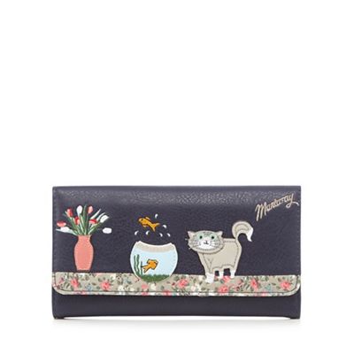 Navy cat and fish bowl applique wallet